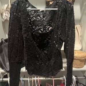 Free people black lace long sleeve layering top. Square neck.